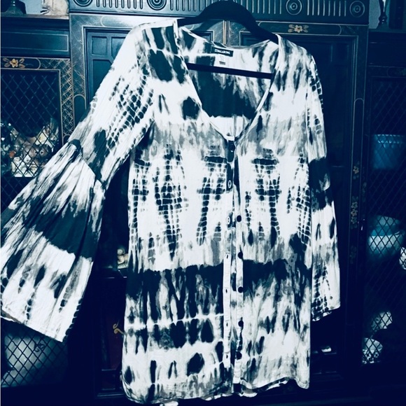 Billabong Black & White Tye Dye Button Down Tunic Blazer Bell Sleeve Over Piece - Picture 1 of 14